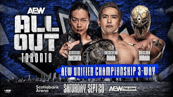 Máscara Dorada se une a Kazuchika Okada y Konosuke Takeshita Máscara Dorada se une a Kazuchika Okada y Konosuke Takeshita en combate por el Título Unificado de AEW en All Out